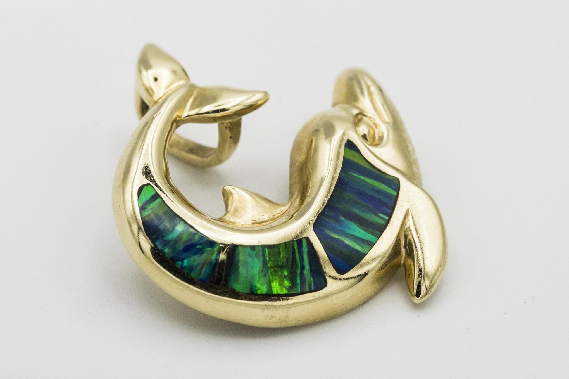 Joyful Leaping Dolphin Pendant with Opal Set in 14K Gold