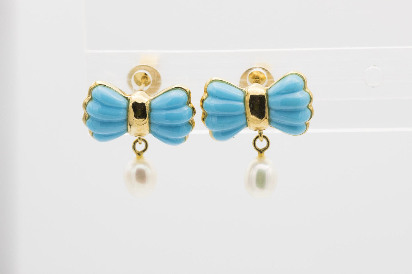 Sweet Turquoise Bow and Dropped Pearl Earrings Set in 18K Yellow Gold