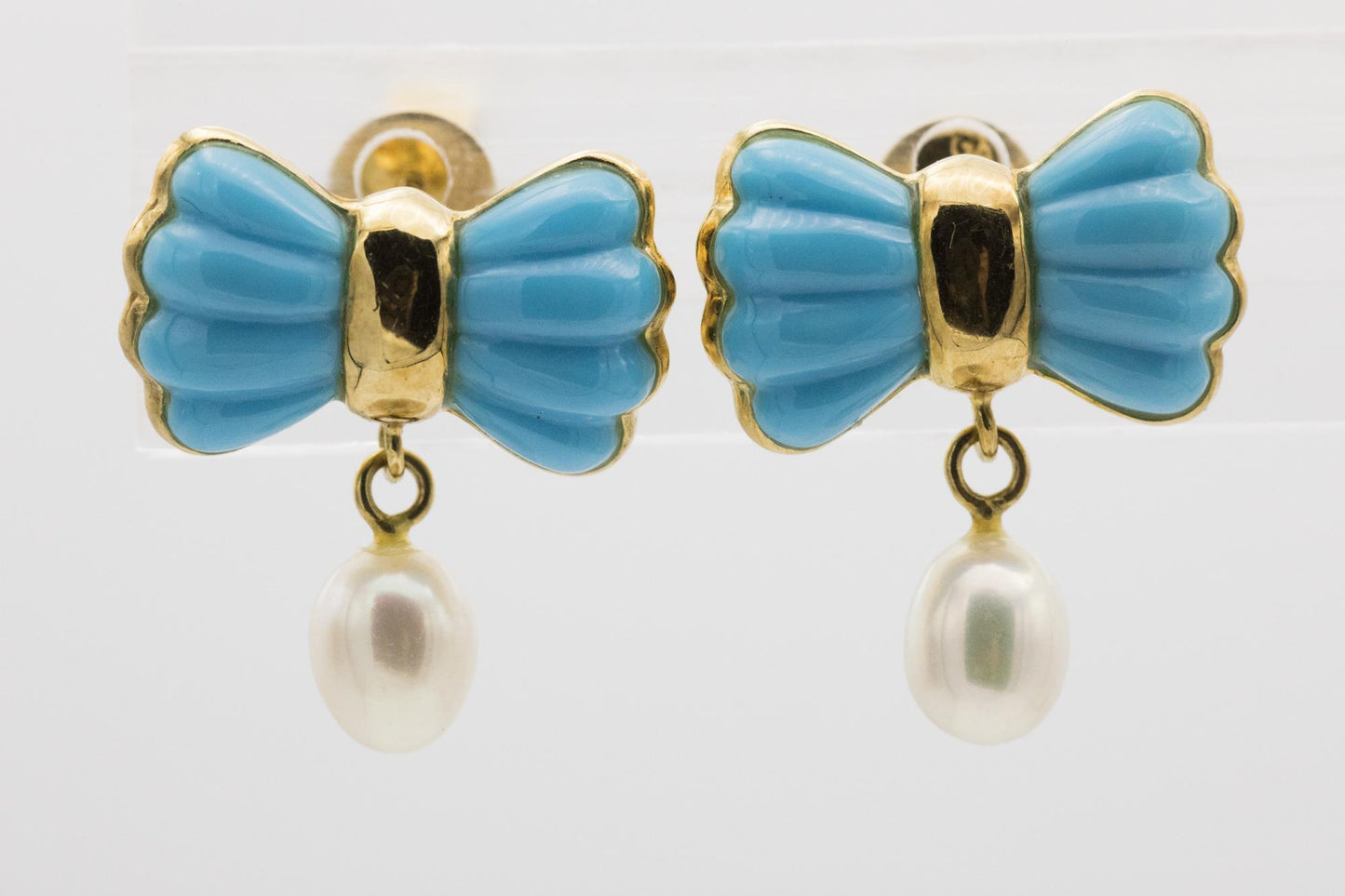 Sweet Turquoise Bow and Dropped Pearl Earrings Set in 18K Yellow Gold