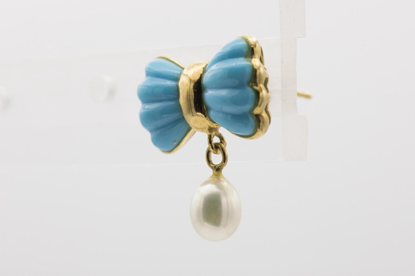 Sweet Turquoise Bow and Dropped Pearl Earrings Set in 18K Yellow Gold