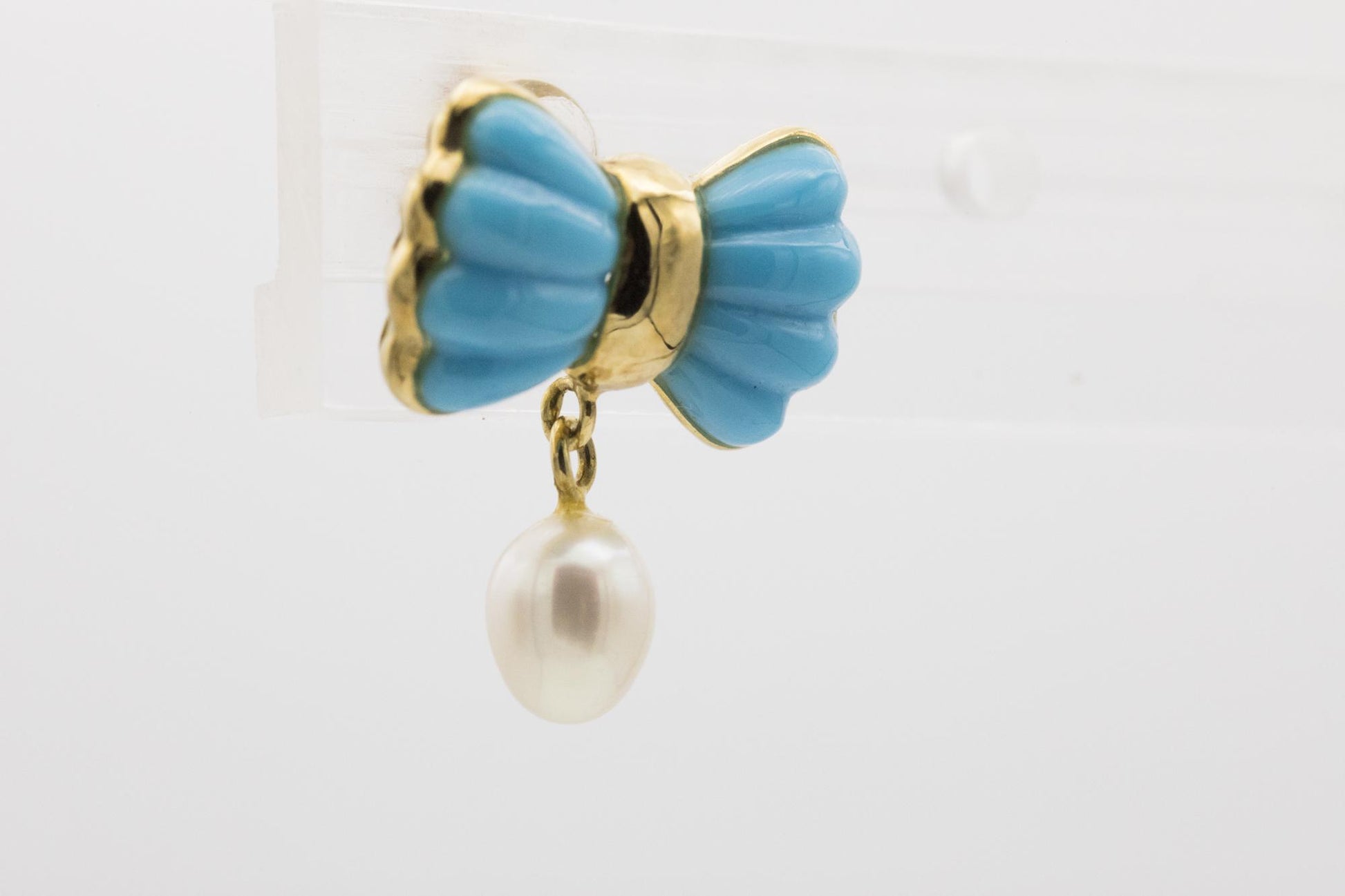 Sweet Turquoise Bow and Dropped Pearl Earrings Set in 18K Yellow Gold