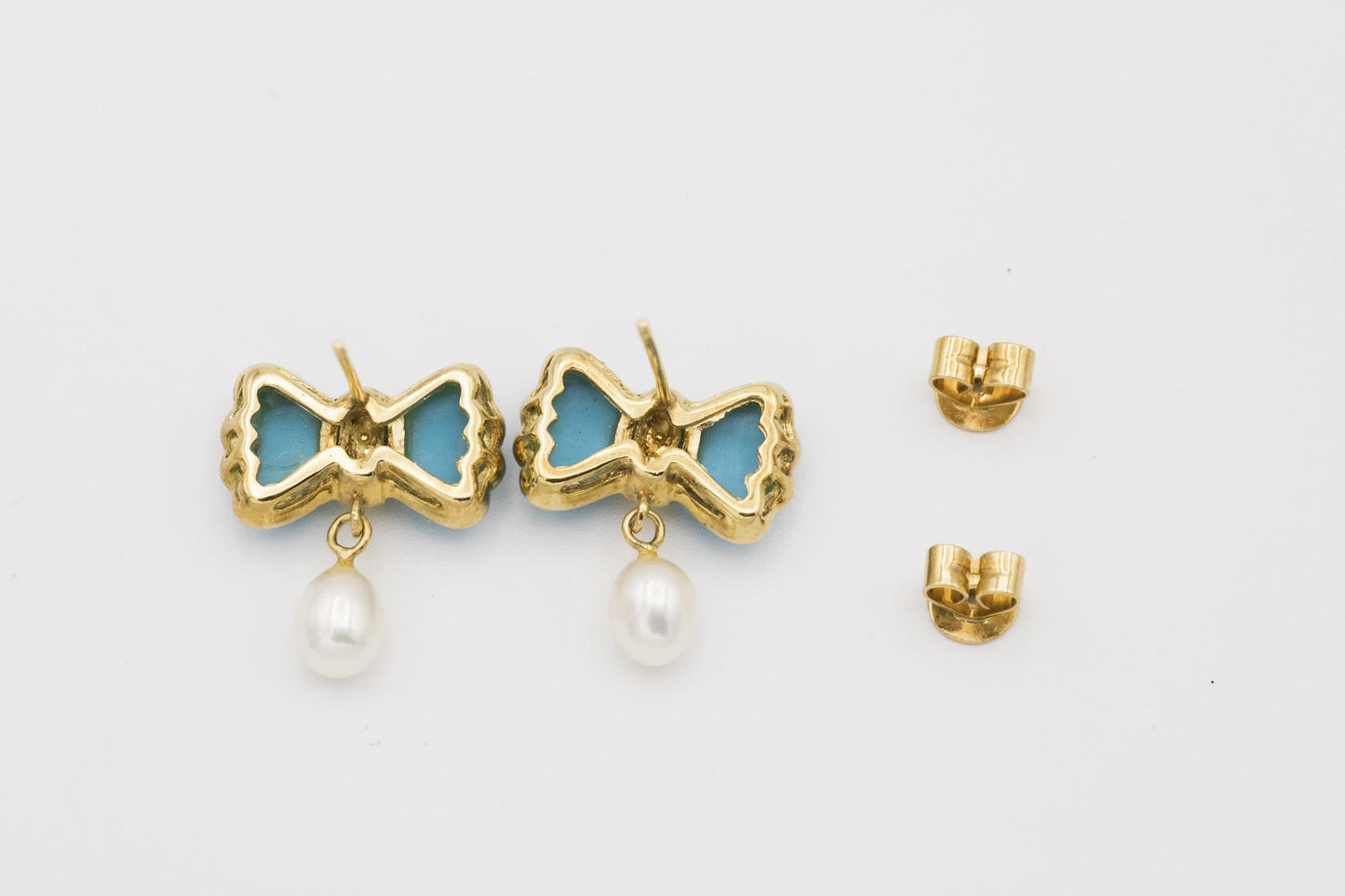 Sweet Turquoise Bow and Dropped Pearl Earrings Set in 18K Yellow Gold