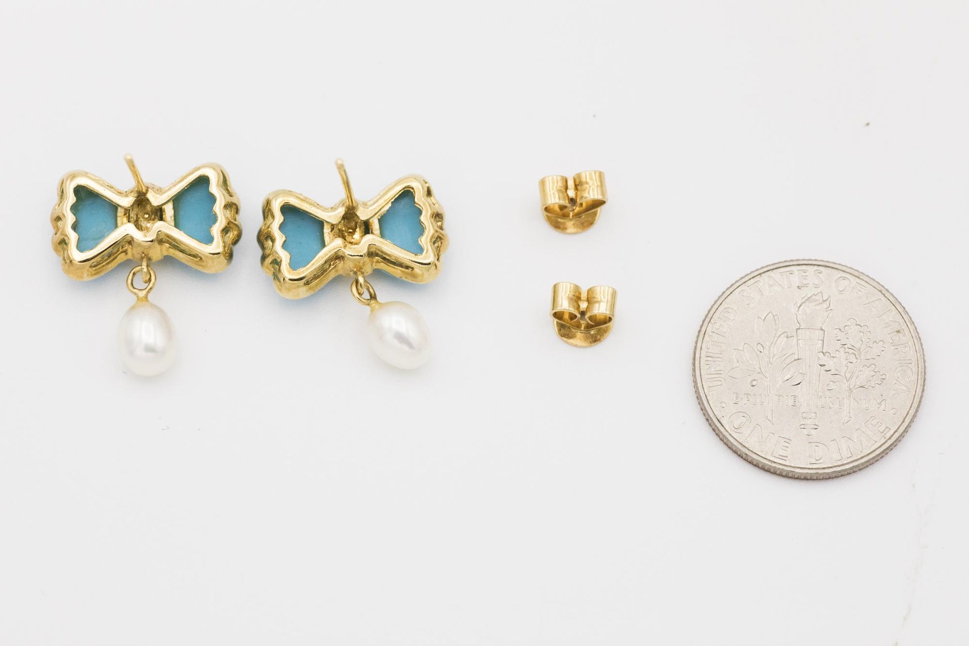 Sweet Turquoise Bow and Dropped Pearl Earrings Set in 18K Yellow Gold