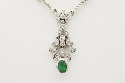 18K White Gold Necklace with Emerald and Diamonds