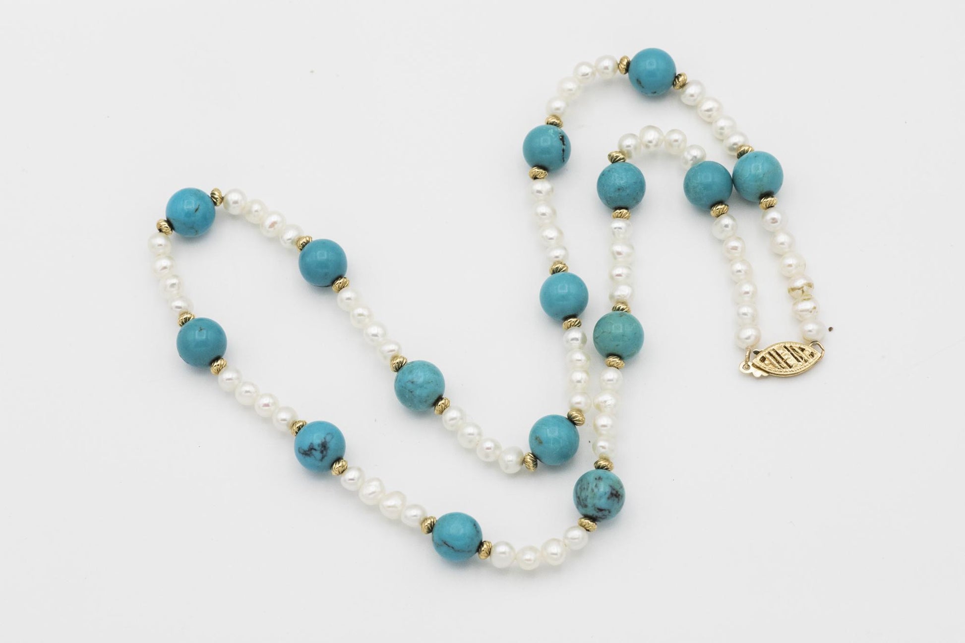 Pearl and Turquoise Necklace with 14K Beads and Clasp