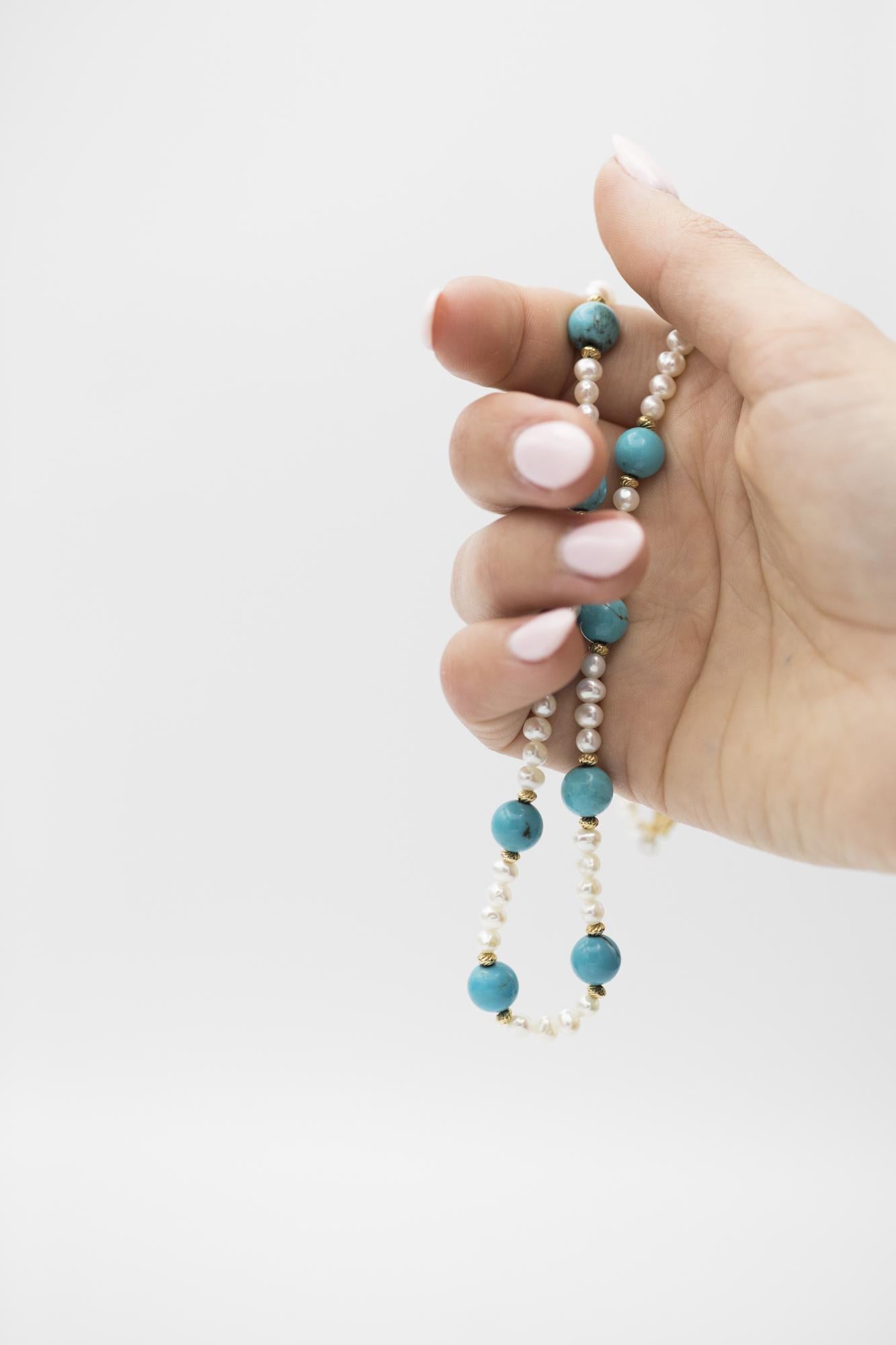 Pearl and Turquoise Necklace with 14K Beads and Clasp