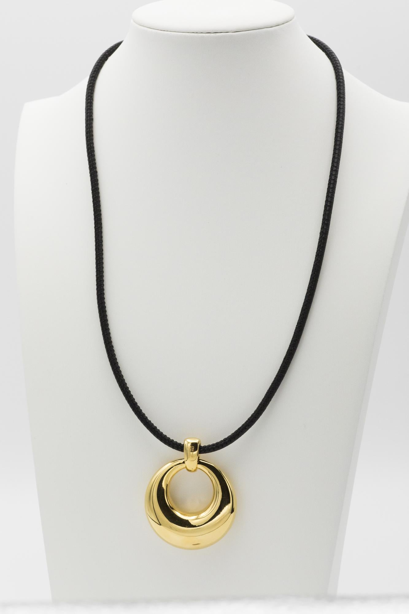 14K Yellow Gold Black Leather Cord Necklace with Stunning Circle Pendant in 14K