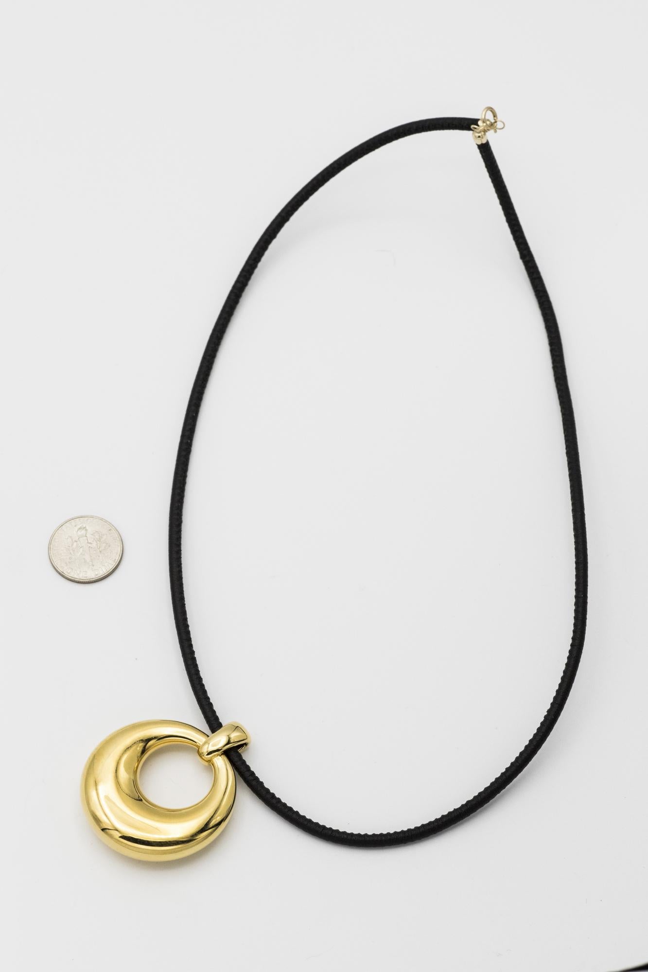 14K Yellow Gold Black Leather Cord Necklace with Stunning Circle Pendant in 14K