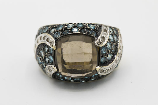 Gorgeous Smoky Quartz, Aquamarine, & Diamond Ring