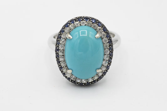 14K White Gold Turquoise Ring with White and Blue Sapphire Halos