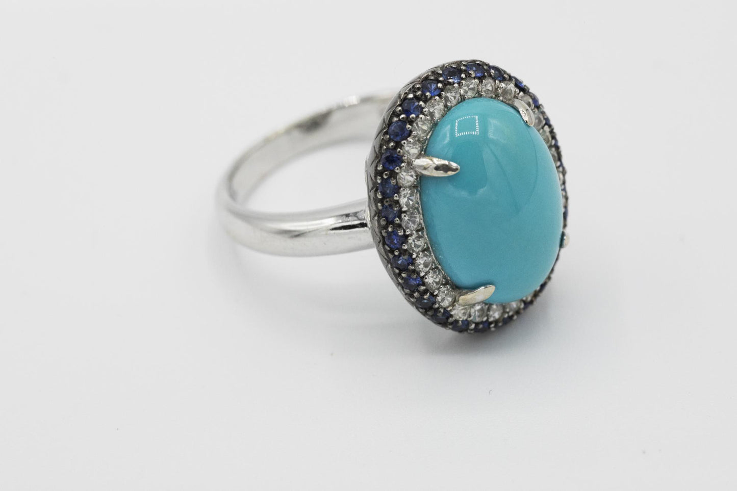 14K White Gold Turquoise Ring with White and Blue Sapphire Halos