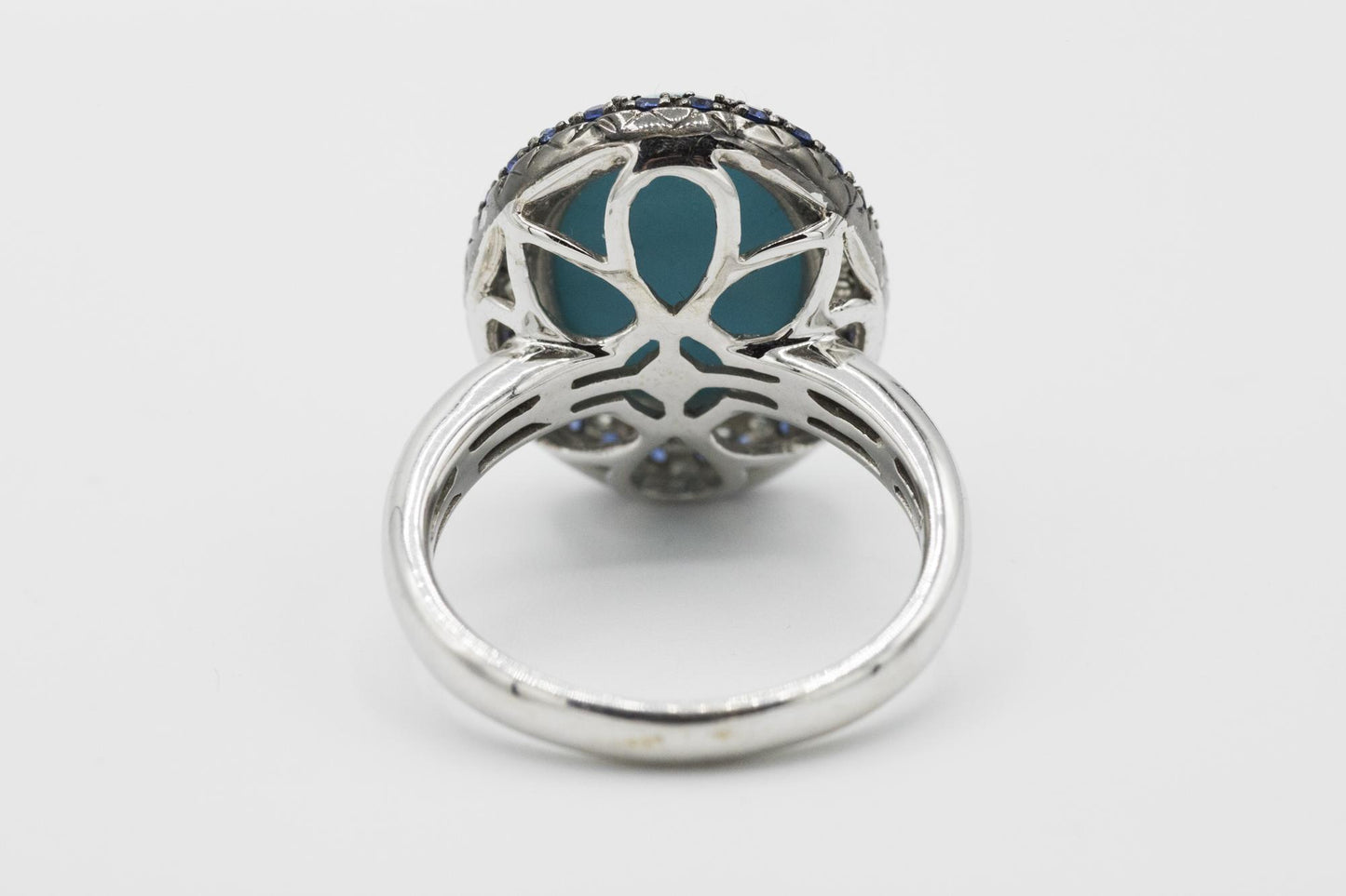 14K White Gold Turquoise Ring with White and Blue Sapphire Halos