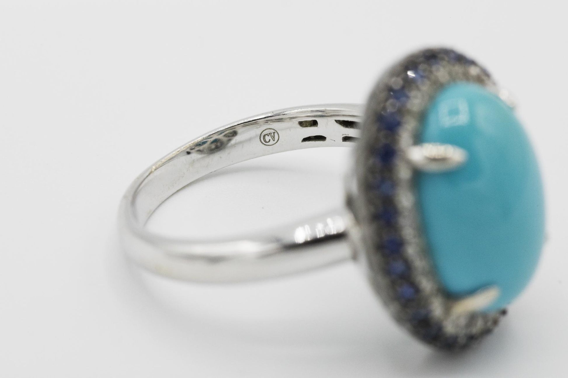 14K White Gold Turquoise Ring with White and Blue Sapphire Halos