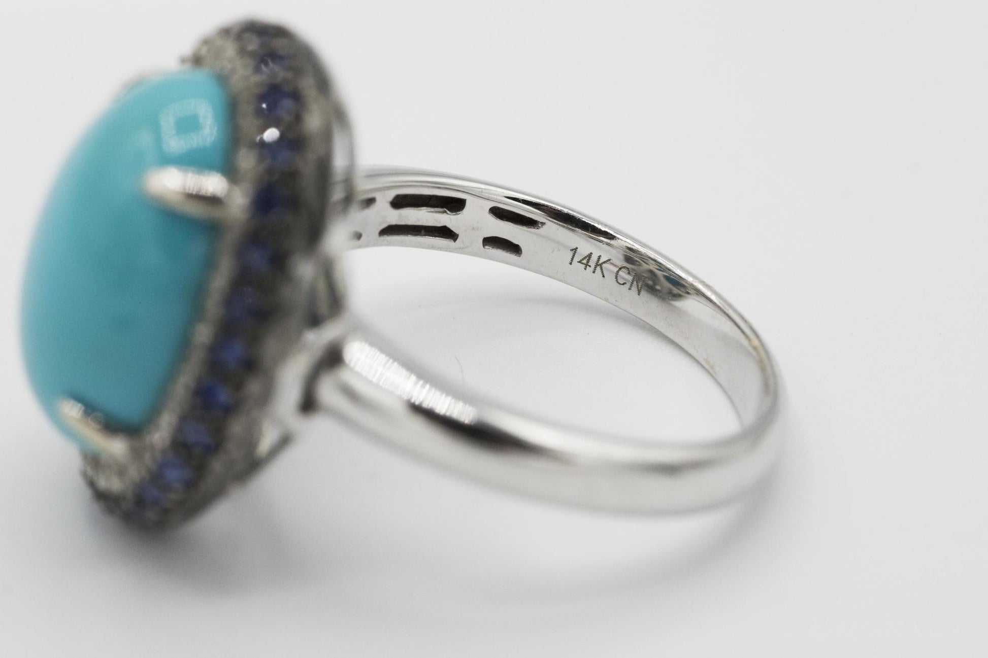 14K White Gold Turquoise Ring with White and Blue Sapphire Halos